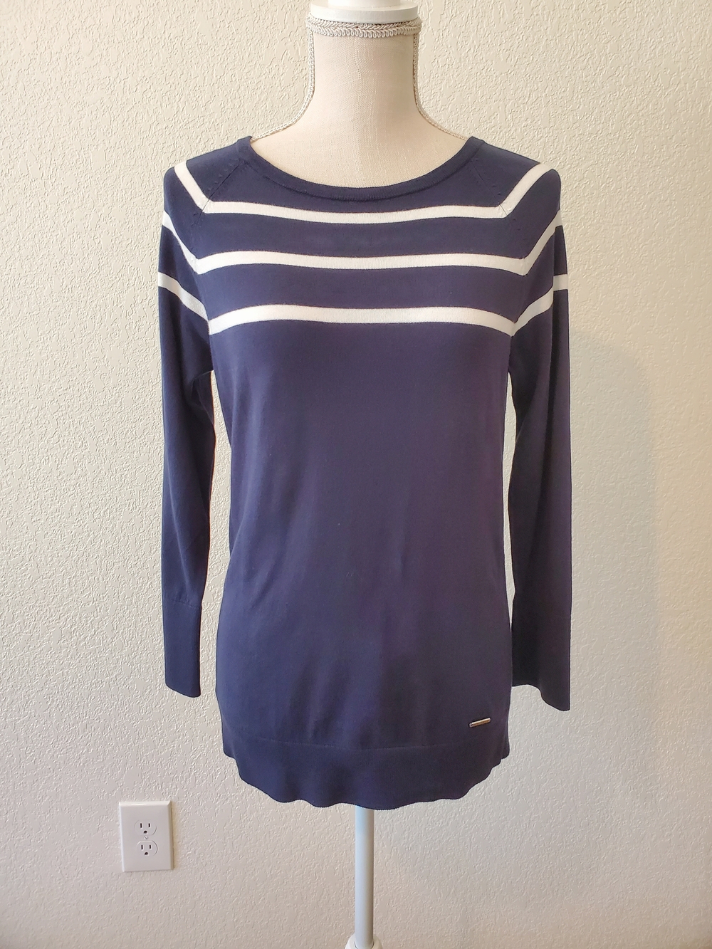 Nautica Navy and White Striped Yoke Sweater